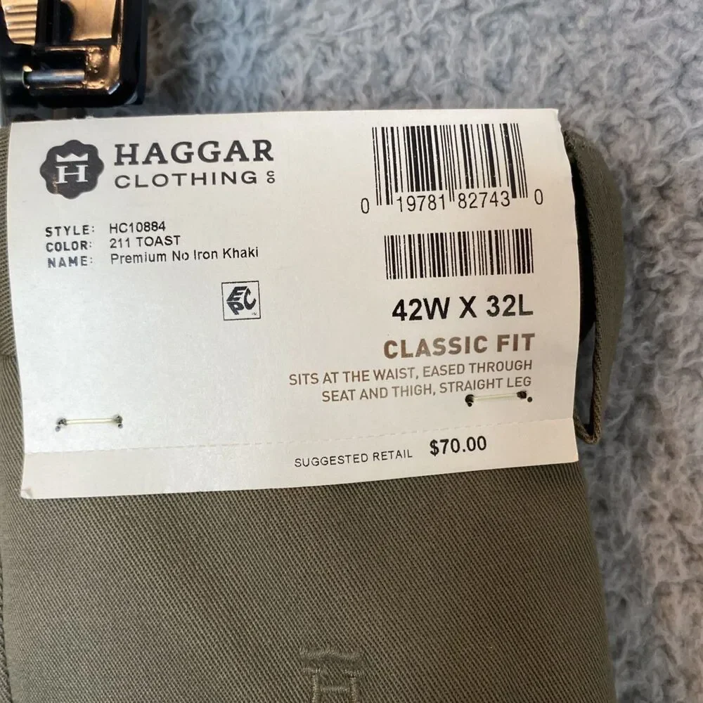 NWT Haggar Mens Brown Flat Front Classic Fit No Iron Expandable Waist 42x32
